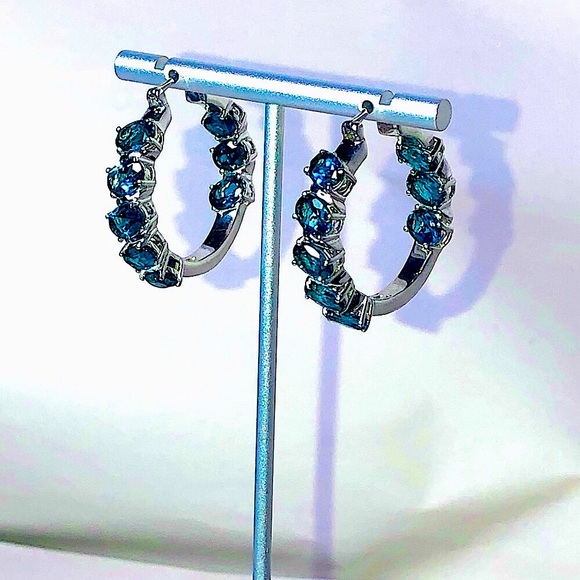 Blue Spinel Hoop Earrings & Ring Set Sz 8 Electroplated Rhodium Sterling Silver - Picture 5 of 17